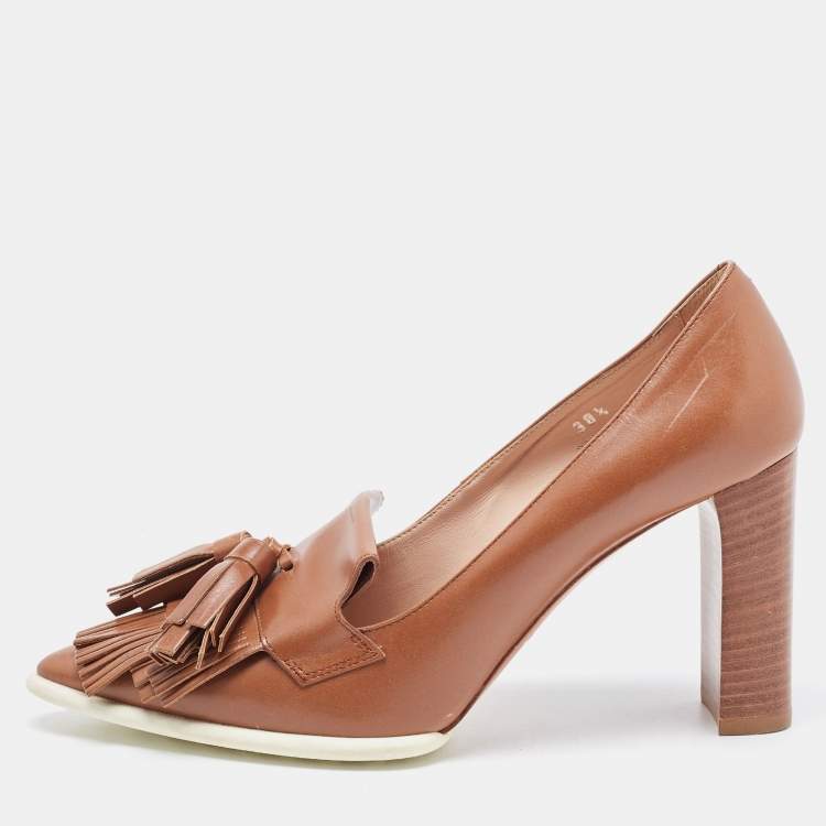 Pre Owned Tod's Brown Leather Fringe Tassel Detail Loafer Pumps Size 38.5