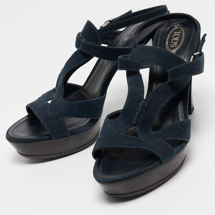 Pre Owned Tod's Navy Blue Cutout Suede Platform Sandals Size 40