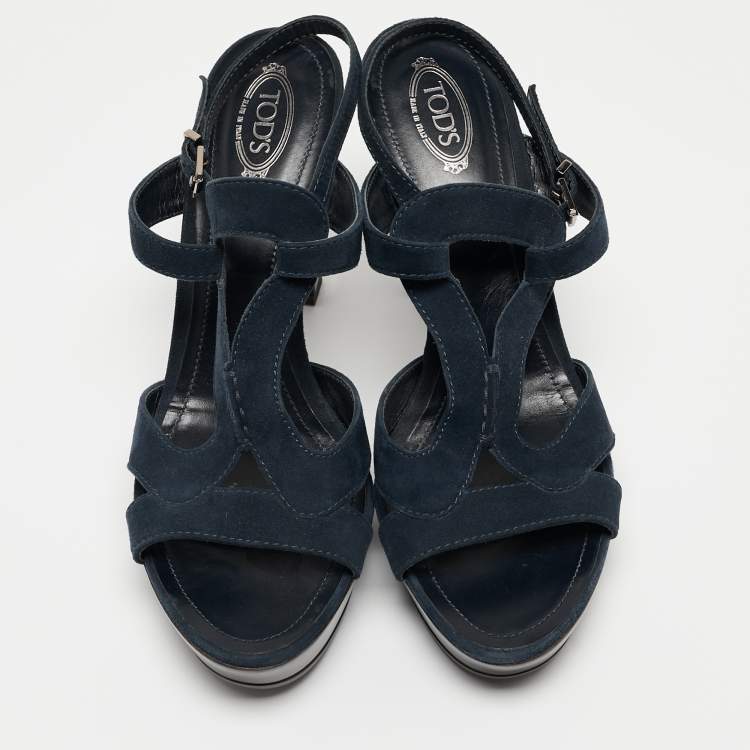 Pre Owned Tod's Navy Blue Cutout Suede Platform Sandals Size 40