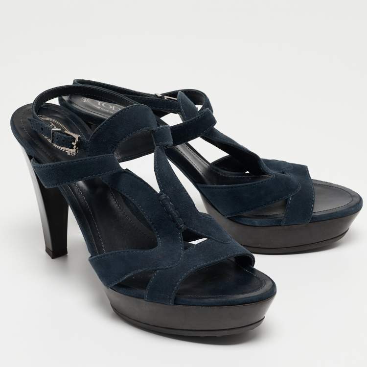 Pre Owned Tod's Navy Blue Cutout Suede Platform Sandals Size 40