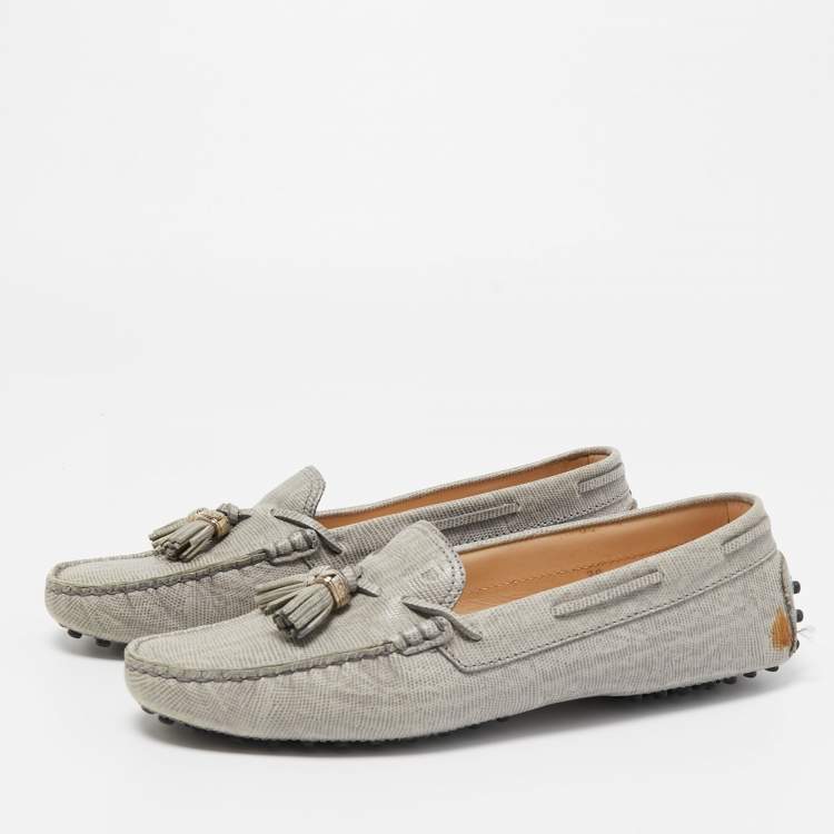 Pre Owned Tod's Grey Lizard Embossed Bow Slip On Loafers Size 39