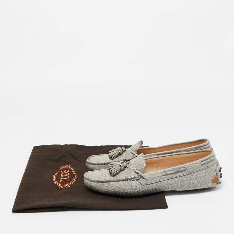 Pre Owned Tod's Grey Lizard Embossed Bow Slip On Loafers Size 39