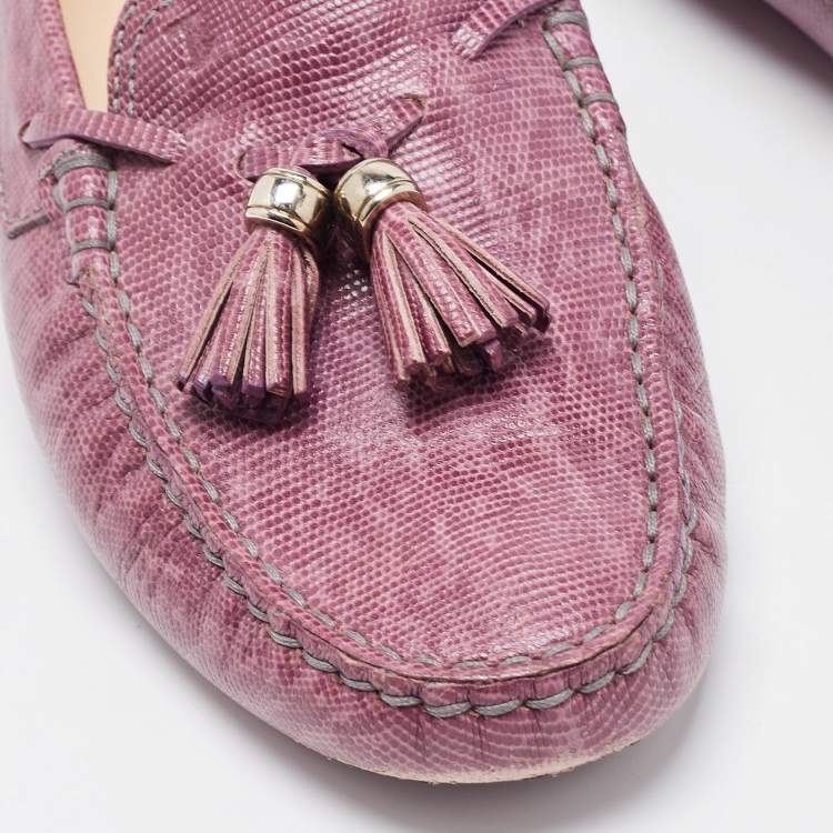 Pre Owned Tod's Purple Lizard Embossed Leather Penny Bow Loafers Size 39