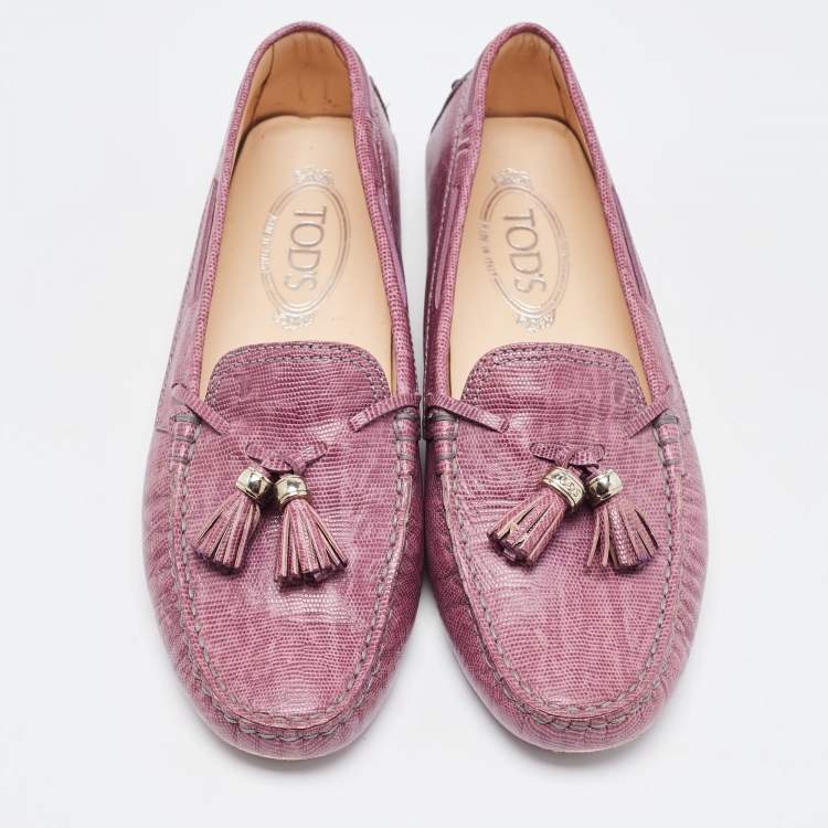 Pre Owned Tod's Purple Lizard Embossed Leather Penny Bow Loafers Size 39