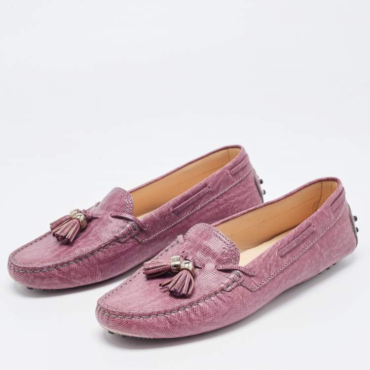 Pre Owned Tod's Purple Lizard Embossed Leather Penny Bow Loafers Size 39