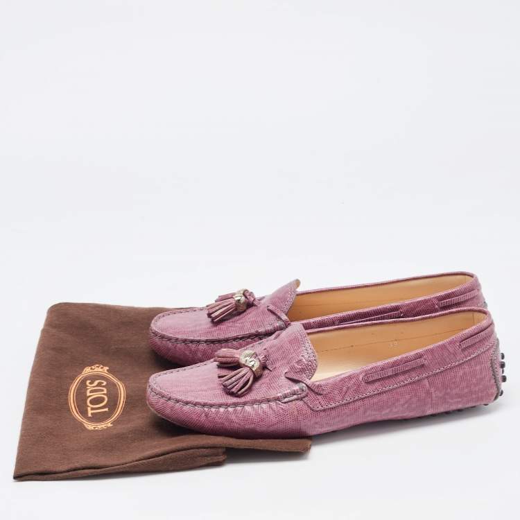 Pre Owned Tod's Purple Lizard Embossed Leather Penny Bow Loafers Size 39