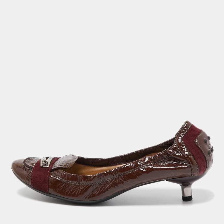 Pre Owned Tod's Brown/Burgundy Patent Leather and Suede Scrunch Loafer Pumps Size 37