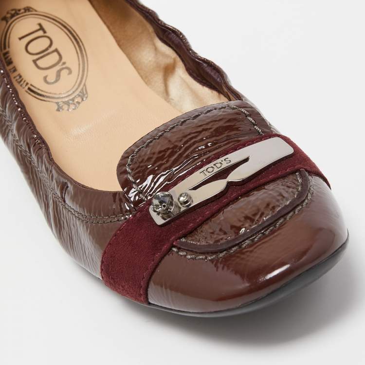 Pre Owned Tod's Brown/Burgundy Patent Leather and Suede Scrunch Loafer Pumps Size 37
