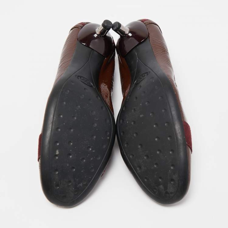 Pre Owned Tod's Brown/Burgundy Patent Leather and Suede Scrunch Loafer Pumps Size 37