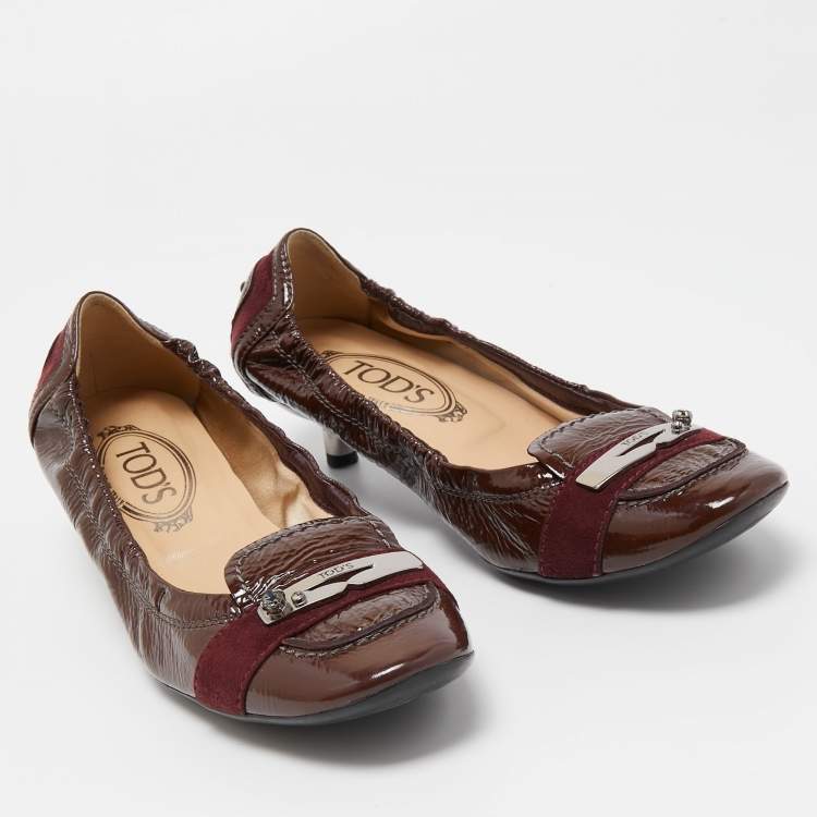 Pre Owned Tod's Brown/Burgundy Patent Leather and Suede Scrunch Loafer Pumps Size 37