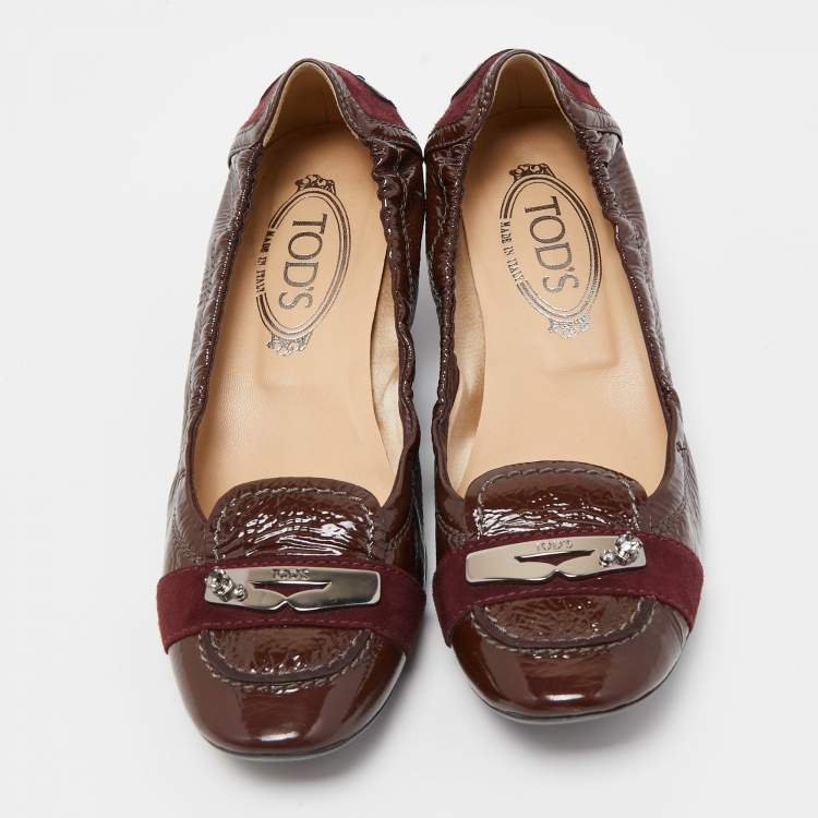 Pre Owned Tod's Brown/Burgundy Patent Leather and Suede Scrunch Loafer Pumps Size 37