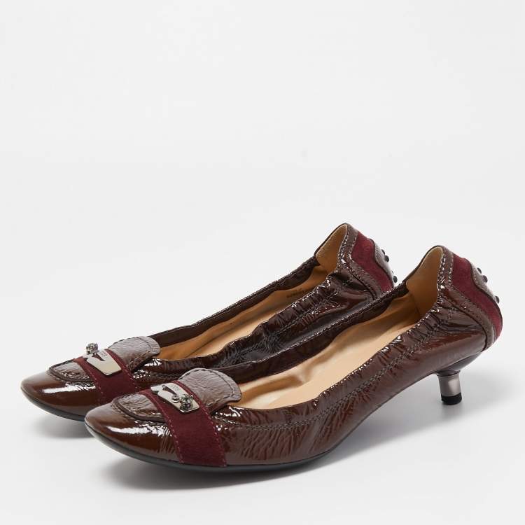 Pre Owned Tod's Brown/Burgundy Patent Leather and Suede Scrunch Loafer Pumps Size 37