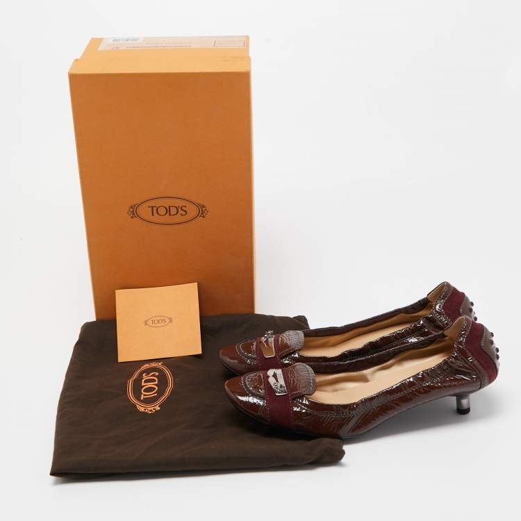 Pre Owned Tod's Brown/Burgundy Patent Leather and Suede Scrunch Loafer Pumps Size 37