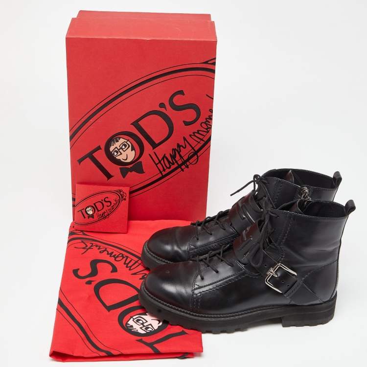 Pre Owned Tod's Black Leather Buckle Combat Boots Size 39