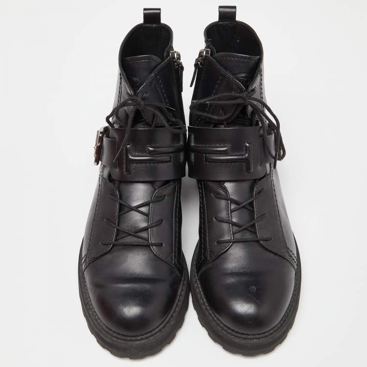Pre Owned Tod's Black Leather Buckle Combat Boots Size 39