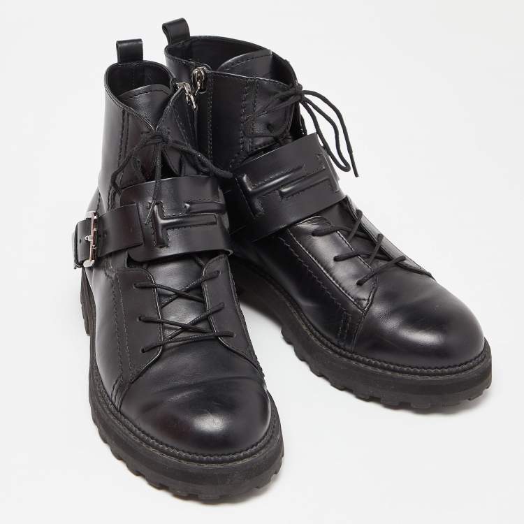 Pre Owned Tod's Black Leather Buckle Combat Boots Size 39