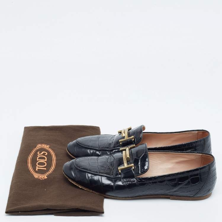 Pre Owned Tod's Black Croc Embossed Leather Gommino Double T Buckle Driver Loafers Size 37