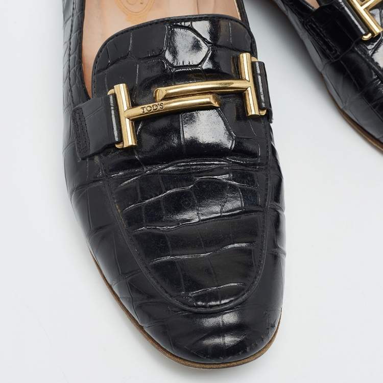 Pre Owned Tod's Black Croc Embossed Leather Gommino Double T Buckle Driver Loafers Size 37