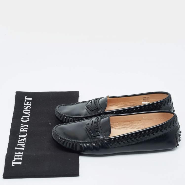 Pre Owned Tod's Black Leather Whip Stitch Detail Penny Loafers Size 38.5