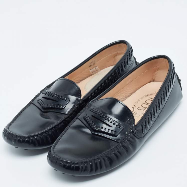Pre Owned Tod's Black Leather Whip Stitch Detail Penny Loafers Size 38.5