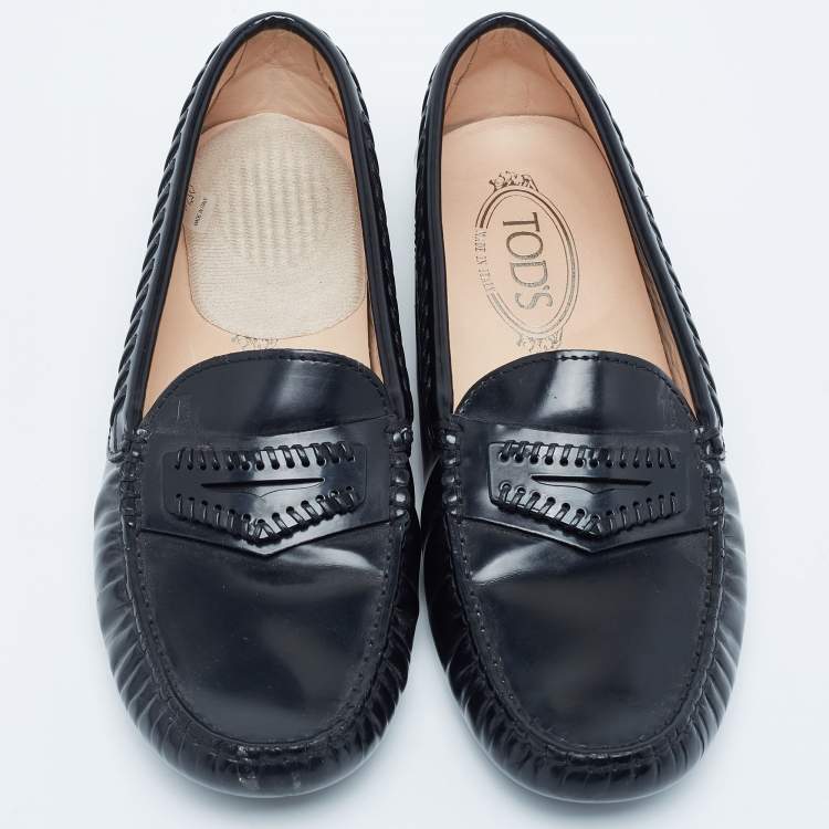 Pre Owned Tod's Black Leather Whip Stitch Detail Penny Loafers Size 38.5