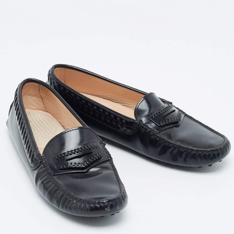 Pre Owned Tod's Black Leather Whip Stitch Detail Penny Loafers Size 38.5