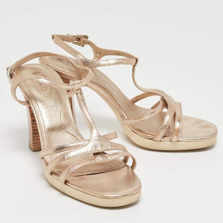 Pre Owned Tod's Gold Leather T-Bar Ankle Strap Sandals Size 37