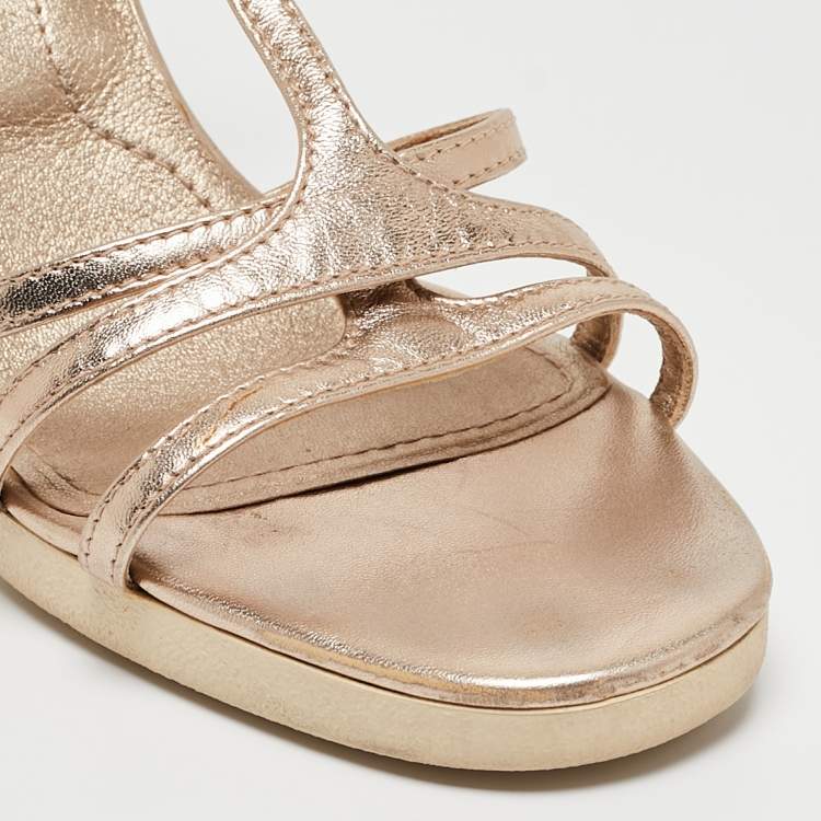 Pre Owned Tod's Gold Leather T-Bar Ankle Strap Sandals Size 37