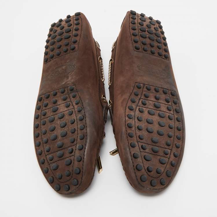 مملوكة مسبقًا Tod's Brown Nubuck Leather Bow Slip On Loafers Size 38