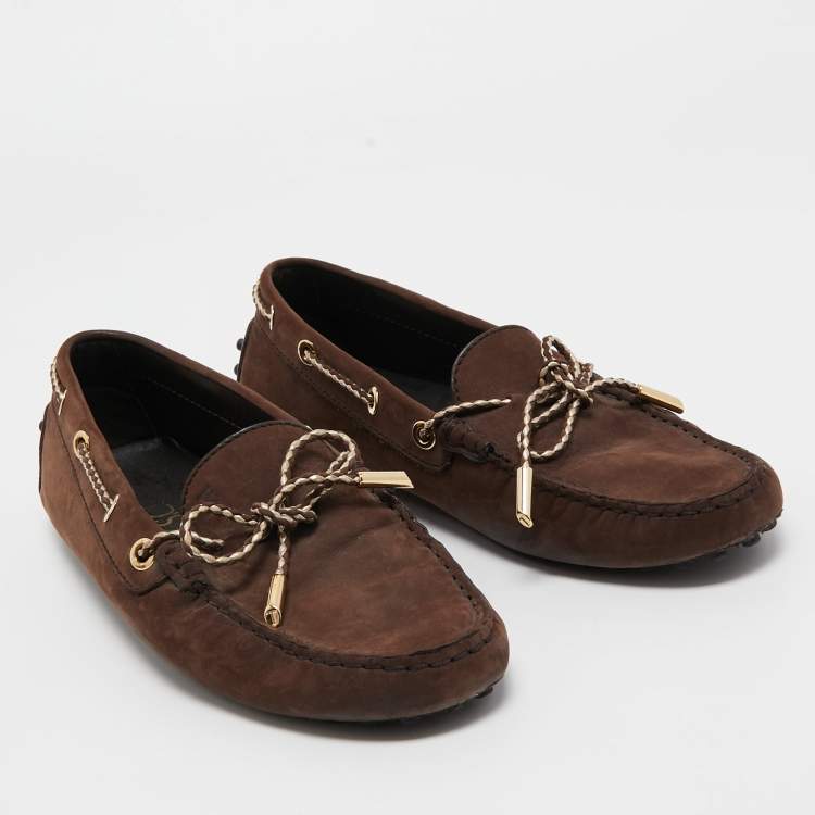 مملوكة مسبقًا Tod's Brown Nubuck Leather Bow Slip On Loafers Size 38