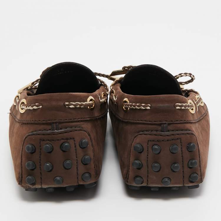مملوكة مسبقًا Tod's Brown Nubuck Leather Bow Slip On Loafers Size 38