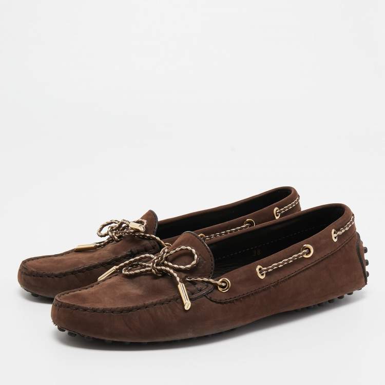 مملوكة مسبقًا Tod's Brown Nubuck Leather Bow Slip On Loafers Size 38