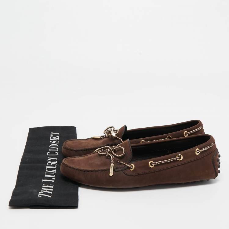 مملوكة مسبقًا Tod's Brown Nubuck Leather Bow Slip On Loafers Size 38