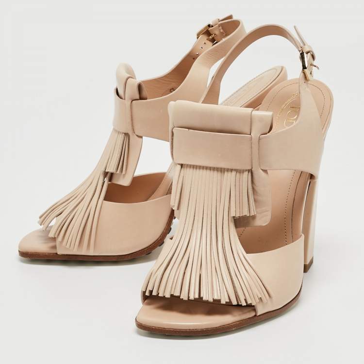 Pre Owned Tod's Beige Leather Fringe Ankle Strap Sandals Size 38