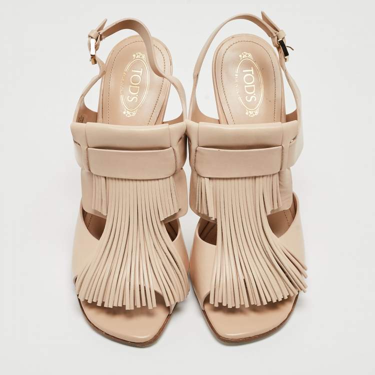 Pre Owned Tod's Beige Leather Fringe Ankle Strap Sandals Size 38