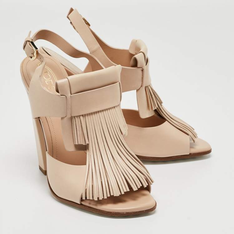 Pre Owned Tod's Beige Leather Fringe Ankle Strap Sandals Size 38