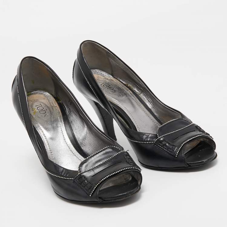 Pre Owned Tod's Black Leather Peep Toe Pumps Size 36