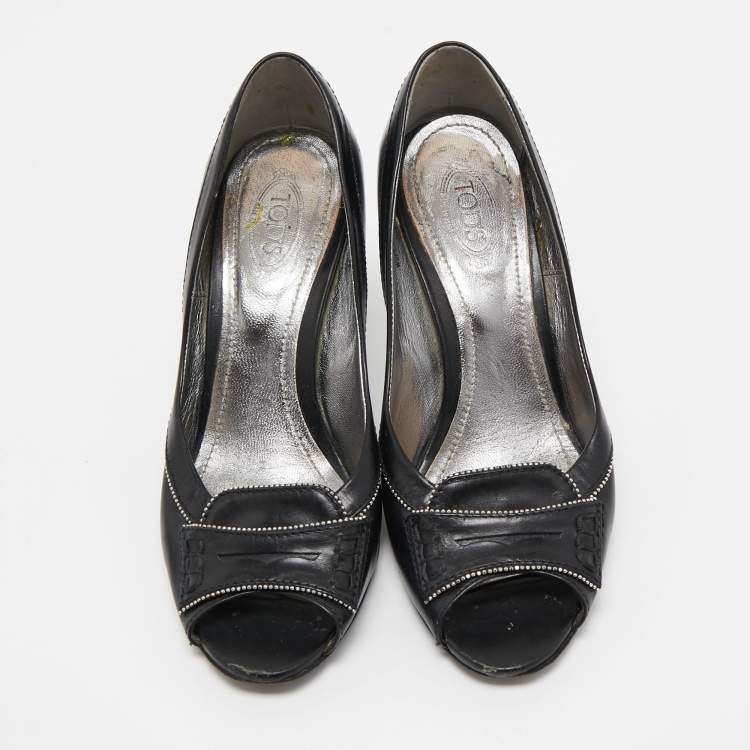 Pre Owned Tod's Black Leather Peep Toe Pumps Size 36