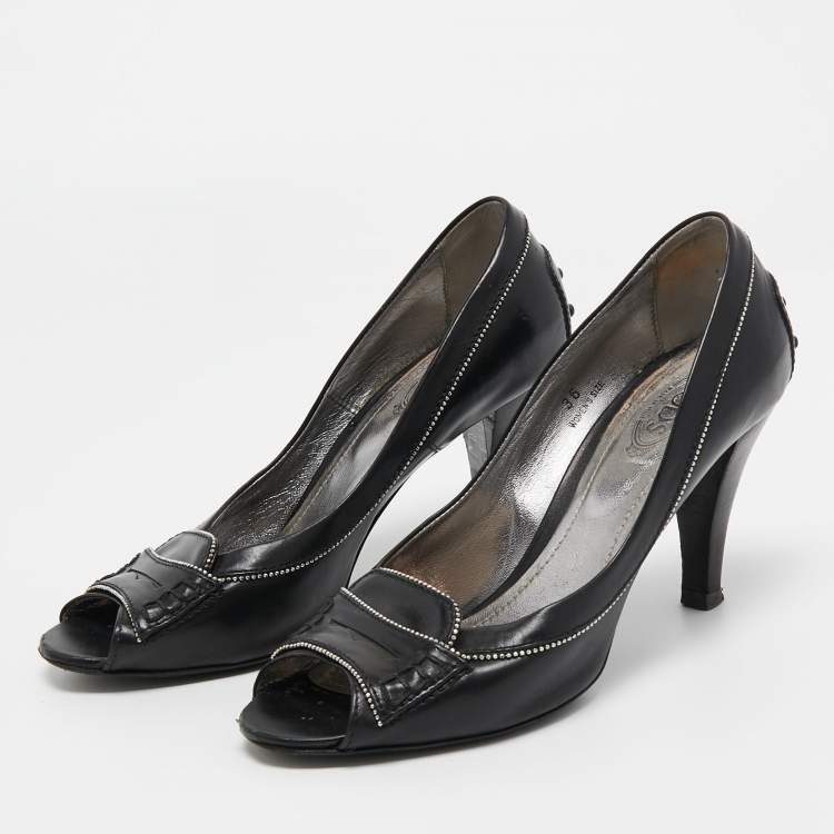 Pre Owned Tod's Black Leather Peep Toe Pumps Size 36
