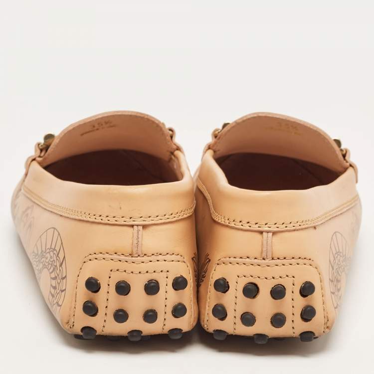 Pre Owned Tod's Beige Leather Gommini-Double-T Loafers Size 35.5