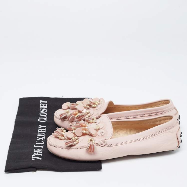 Pre Owned  Tod's Pink Leather Gommino Slip On Loafers Size 37