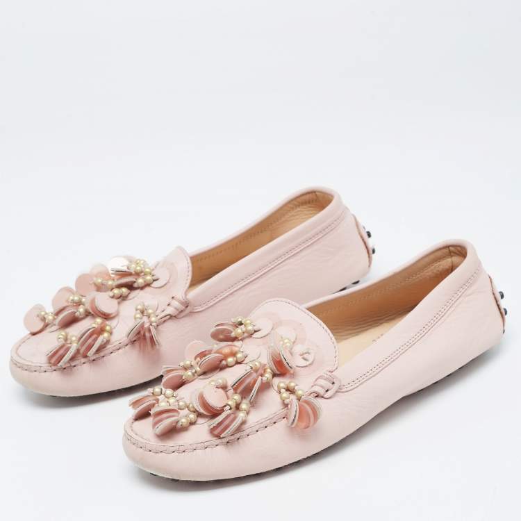 Pre Owned  Tod's Pink Leather Gommino Slip On Loafers Size 37