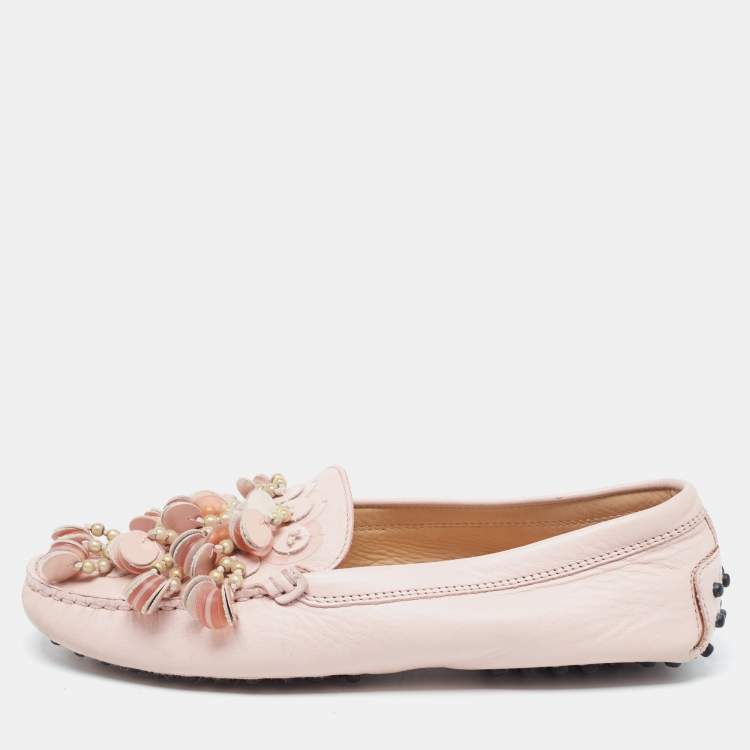 Pre Owned  Tod's Pink Leather Gommino Slip On Loafers Size 37