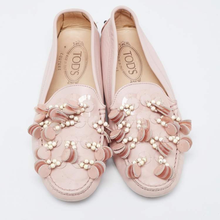 Pre Owned  Tod's Pink Leather Gommino Slip On Loafers Size 37