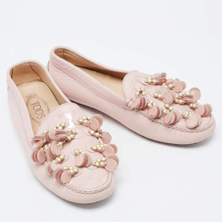 Pre Owned  Tod's Pink Leather Gommino Slip On Loafers Size 37