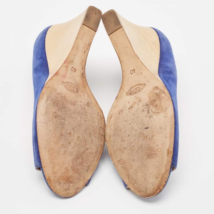Pre Owned Tod's Blue Suede Wedge Peep Toe Pumps Size 40