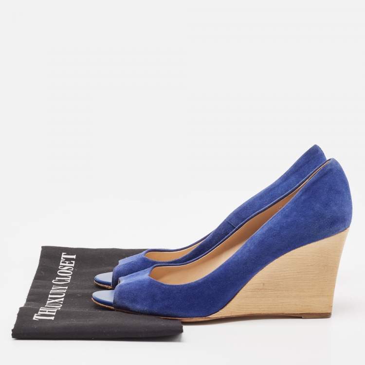 Pre Owned Tod's Blue Suede Wedge Peep Toe Pumps Size 40
