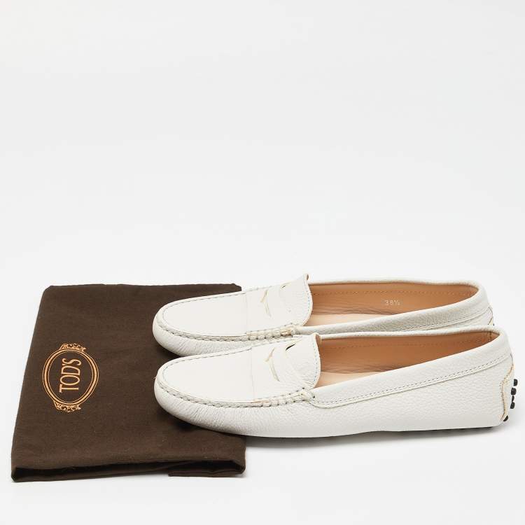 Pre Owned Tod's White Leather Gommino Driving Loafers Size 38.5
