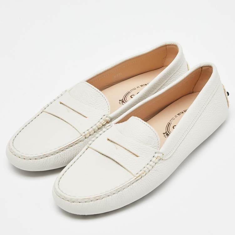 Pre Owned Tod's White Leather Gommino Driving Loafers Size 38.5