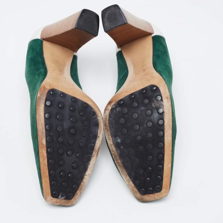 Pre Owned Tod's Green/White Leather and Suede Loafer Pumps Size 40